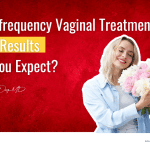 Promotional graphic for radiofrequency vaginal treatments showing a woman holding flowers with text about expected results and consultation options.