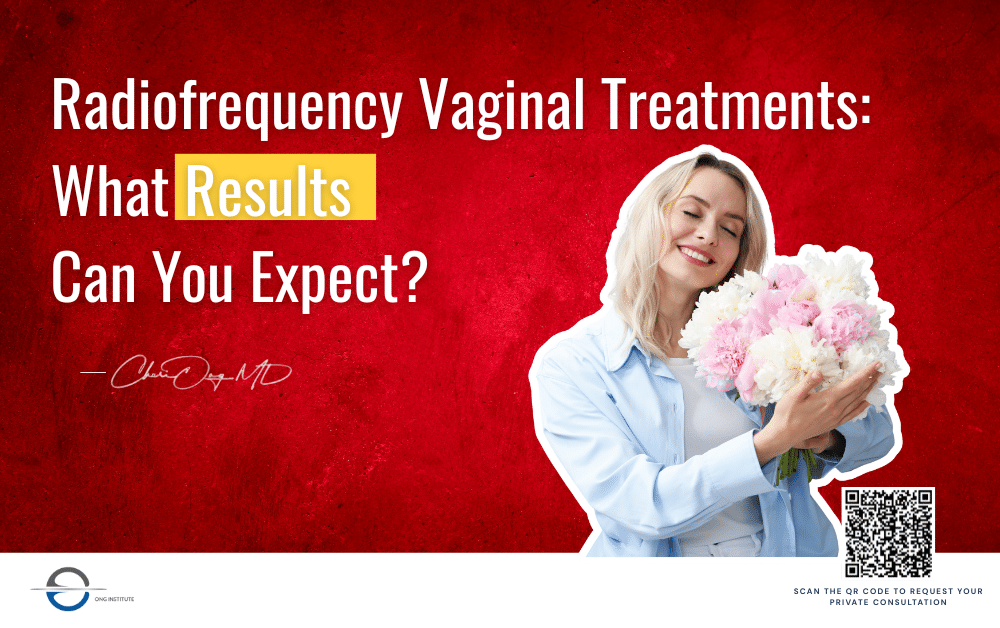 Promotional graphic for radiofrequency vaginal treatments showing a woman holding flowers with text about expected results and consultation options.